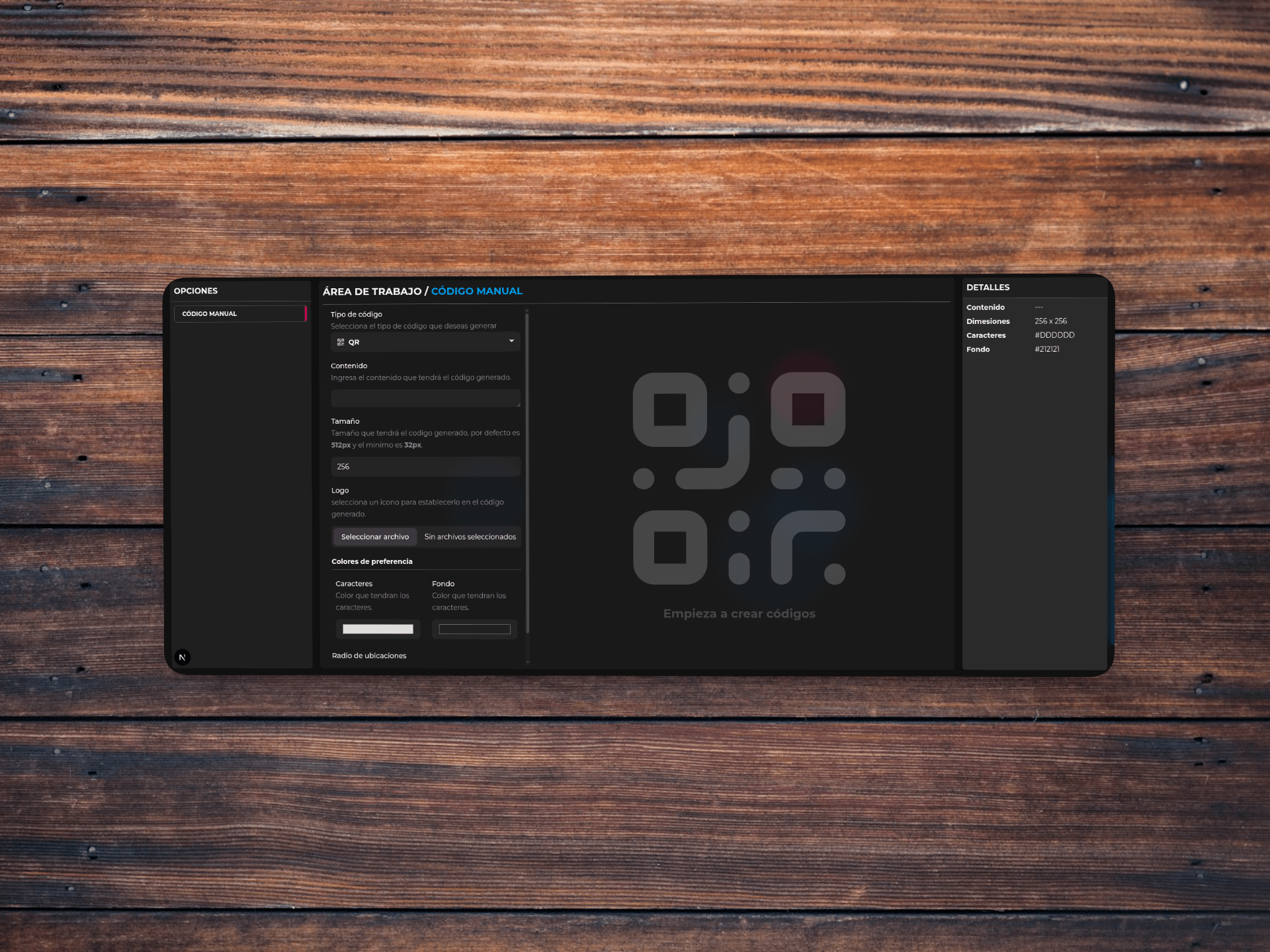 Interfaz del generador de códigos QR